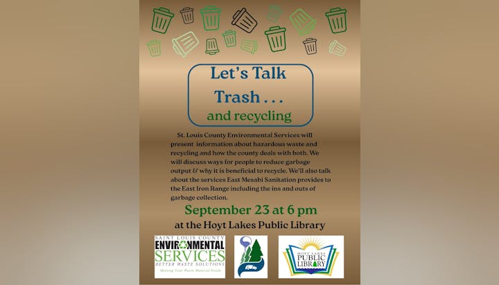 Event on trash and recycling at Hoyt Lakes Library, Sep 23, 6pm. Info by St. Louis County Environmental Services.