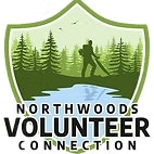 Shield-shaped logo: person hiking, trees, water, and text "Northwoods Volunteer Connection."