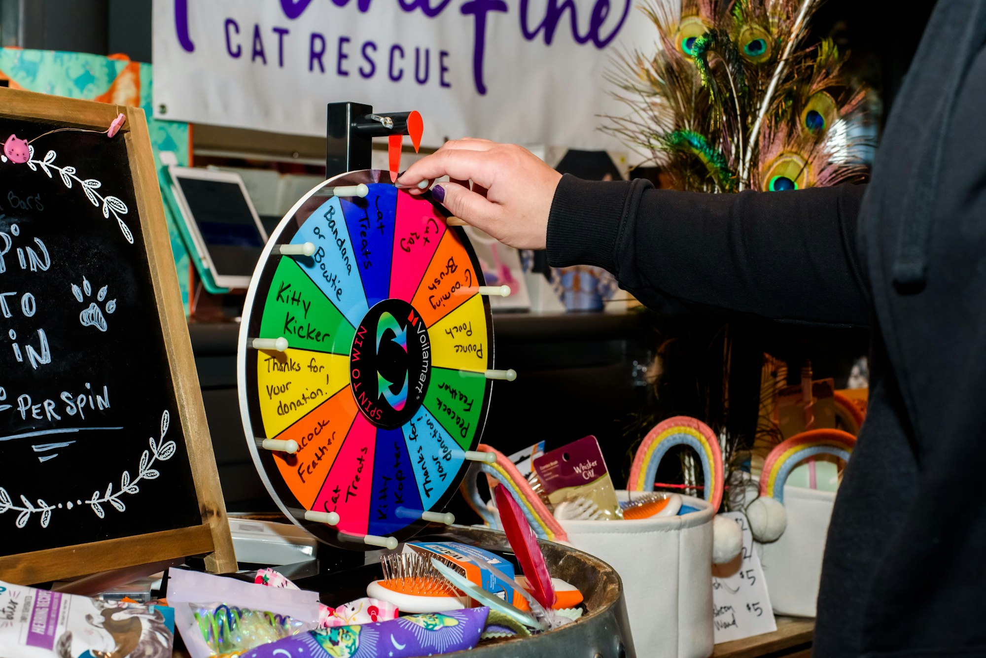 A person spinning a colorful prize wheel at a cat rescue event with various items on sale.