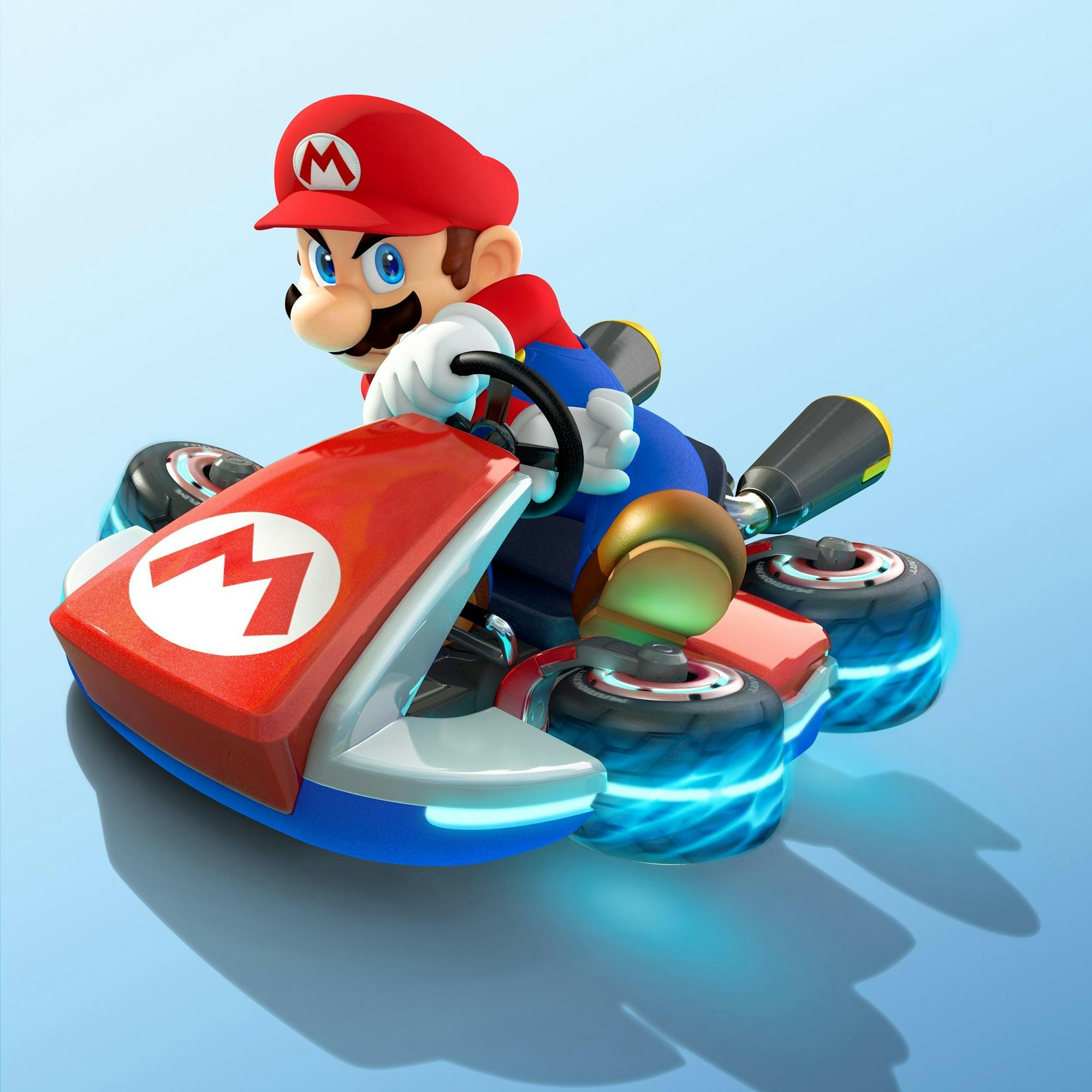 A character in a red hat driving a futuristic go-kart.