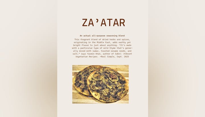 Text about Za'atar, a Middle Eastern spice blend, with an image of two pieces of flatbread topped with it.