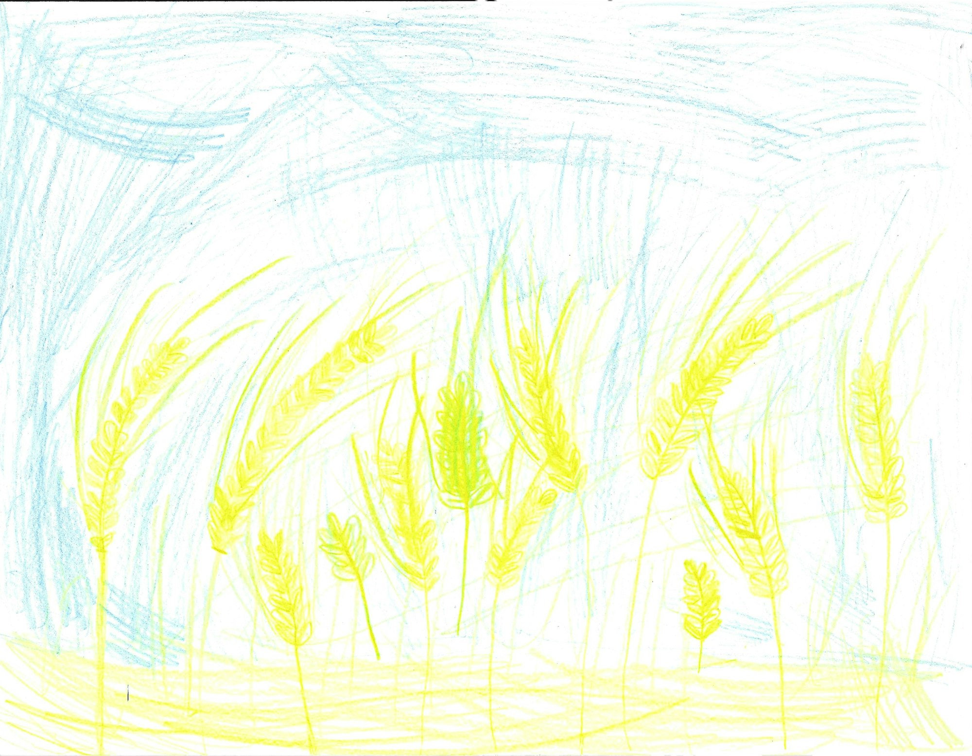 Colorful child-like drawing with yellow shapes and blue scribbles.