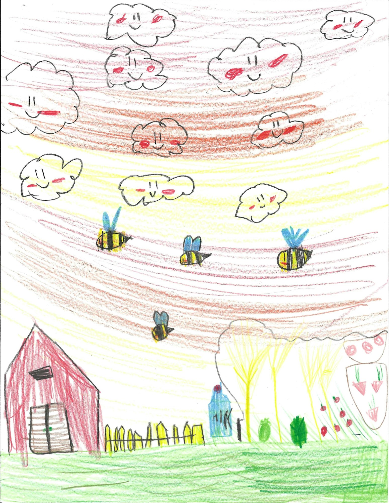 Child's drawing of a colorful outdoor scene with a red barn, trees, bees, anthill, and smiling clouds.