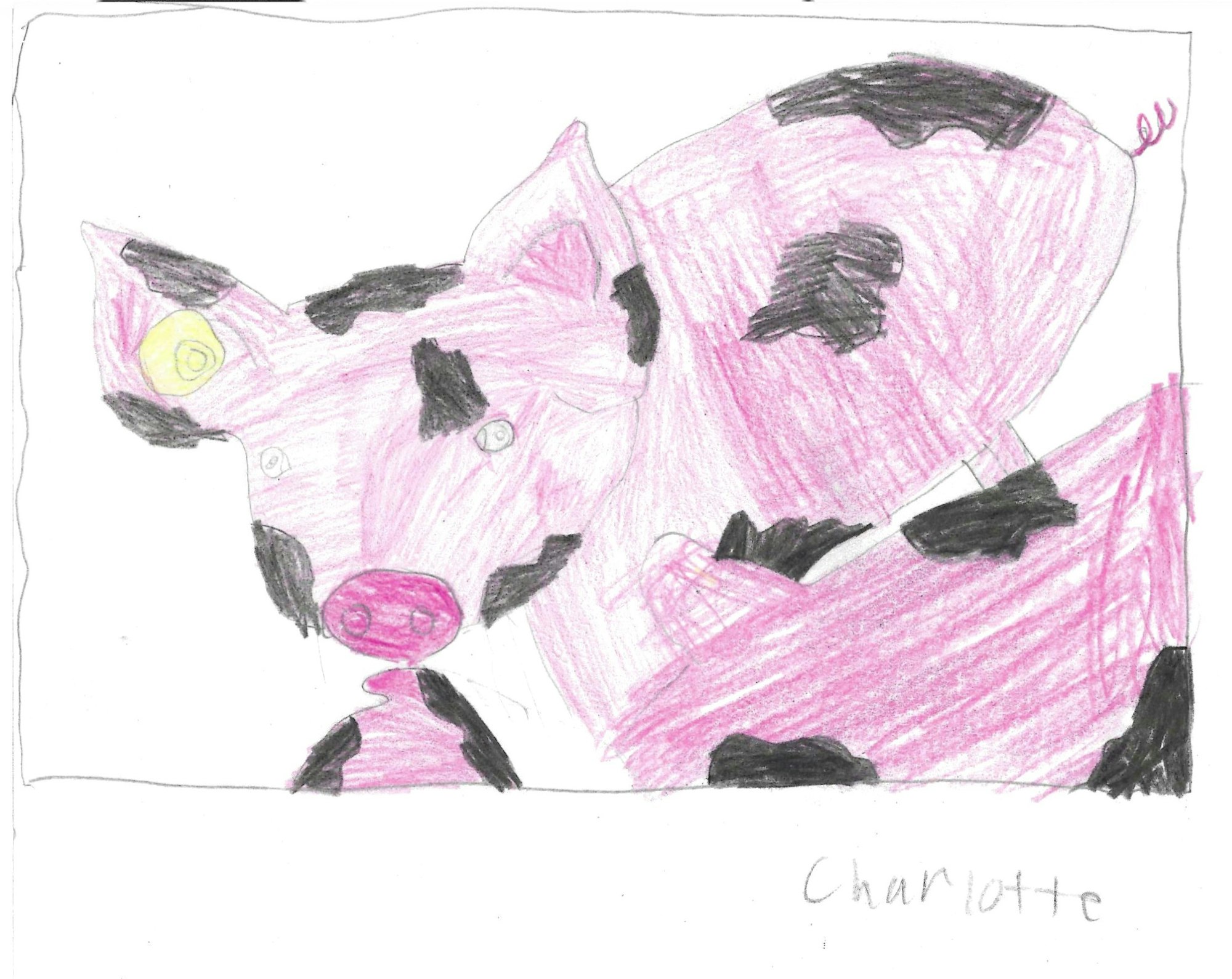 A child's drawing of a pink and black spotted figure.