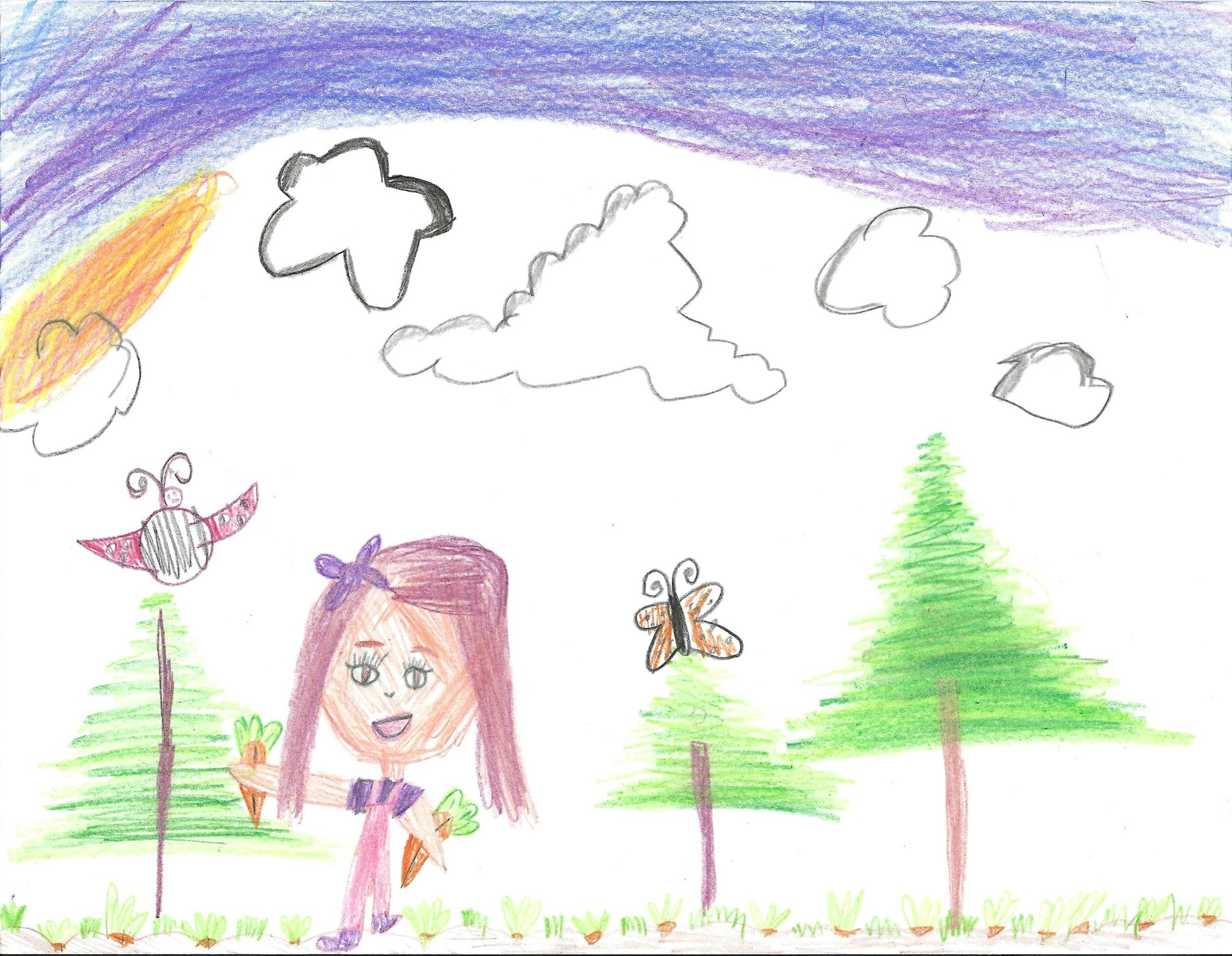 A child's drawing with a girl, butterfly, trees, sun, and colorful shapes.