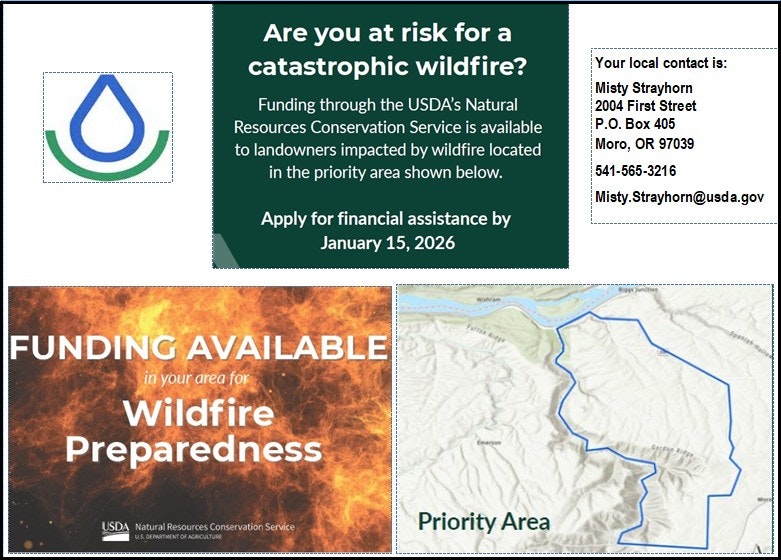 The image promotes USDA funding for wildfire preparedness, with a contact for assistance and an application deadline of January 15, 2026.