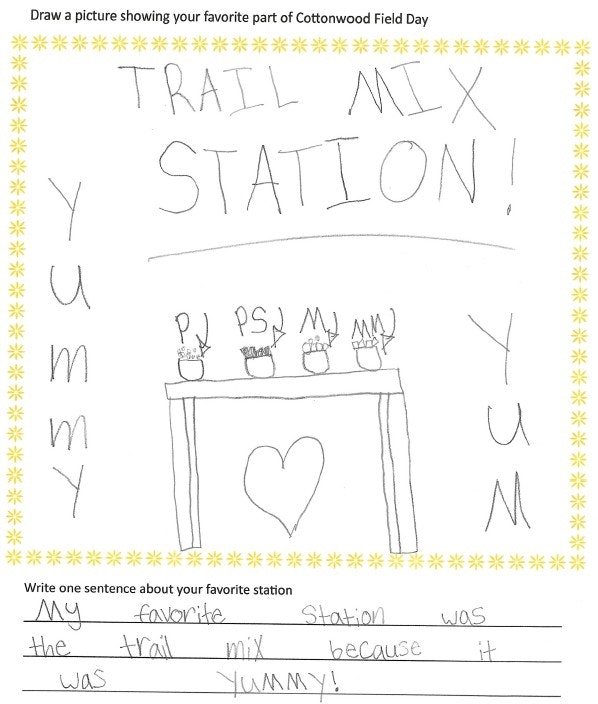 A drawing of a trail mix station at Cottonwood Field Day, with labels indicating yummy ingredients and a heart.