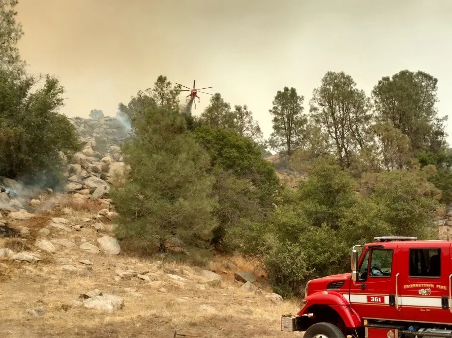 fire truck, nature, outside, trees, fire smoke