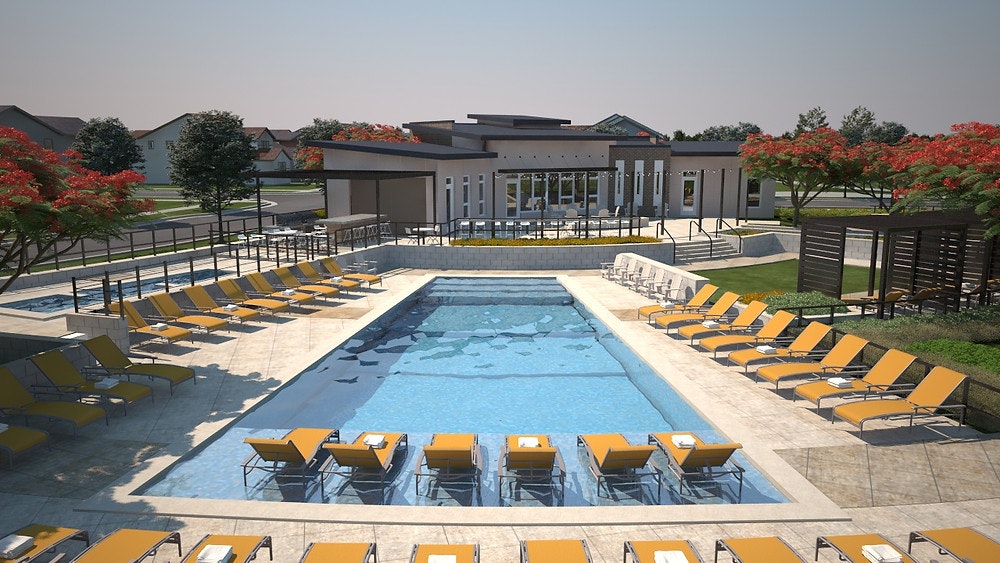 Outdoor pool area with rows of yellow lounge chairs, surrounded by landscaping and a modern building in the background.