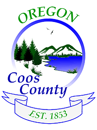 The image features the seal of Coos County, Oregon, showcasing mountains, a lake, and trees, established in 1853.