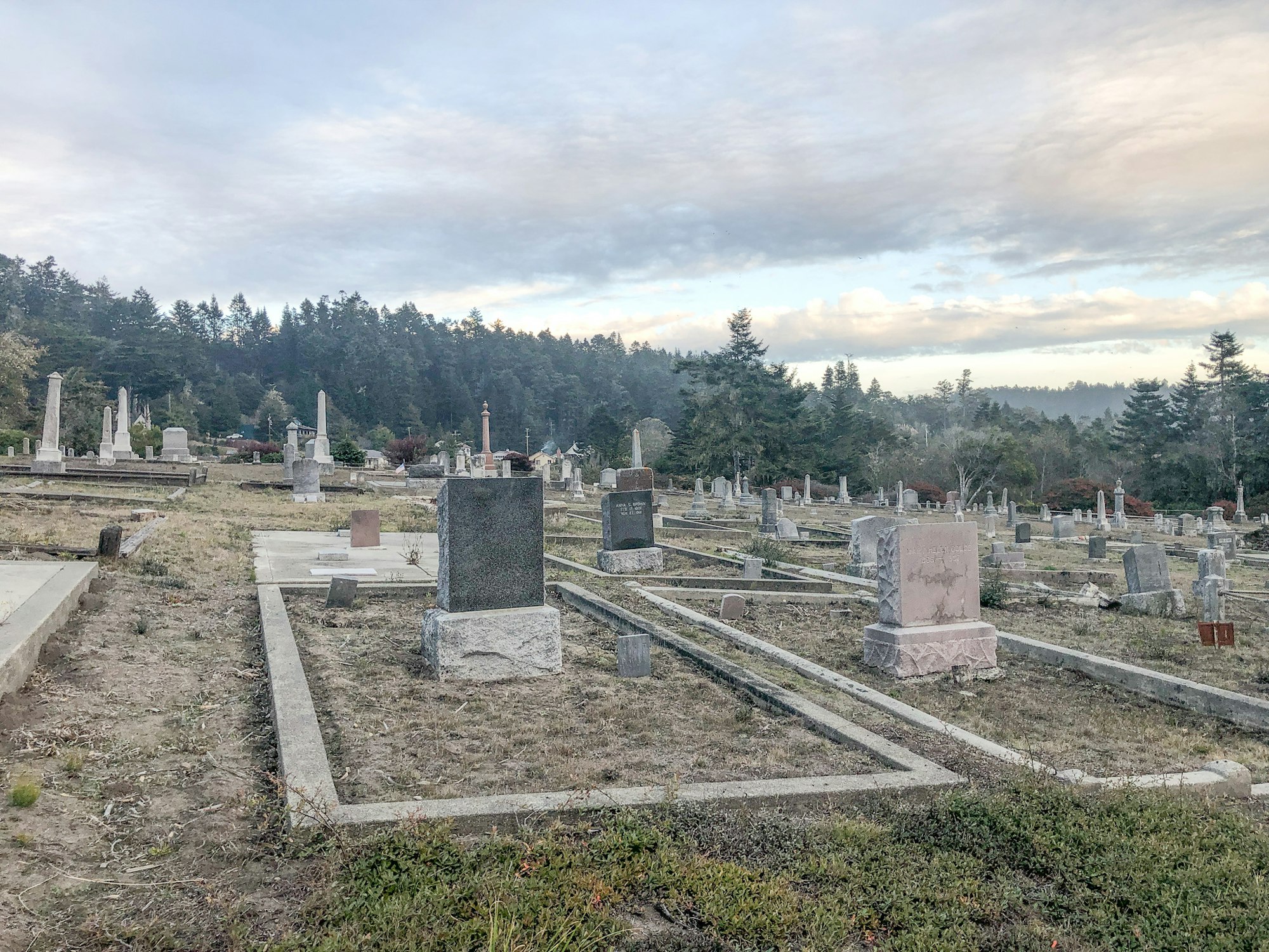 Photo of tombstones and a graveyard with beautiful clouds and a skyline created by trees.