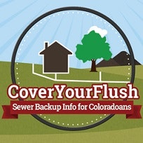 House, tree, and mountain graphic with text: "CoverYourFlush, Sewer Backup Info for Coloradoans."