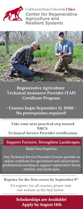 Image promotes a Regenerative Agriculture Technical Assistance Provider course starting September 15, 2026. Scholarships available.