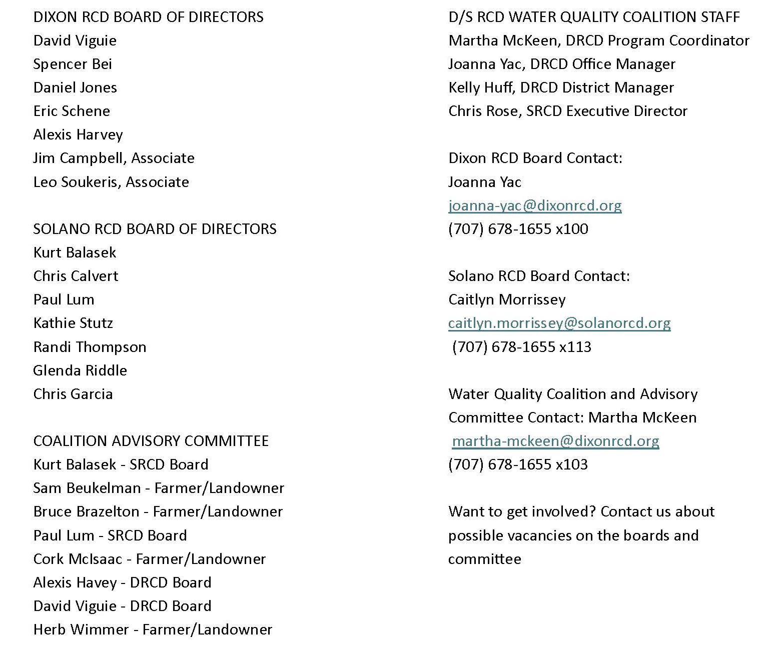 Image lists members of the Dixon and Solano RCD boards, advisory committee, and staff contacts for involvement.