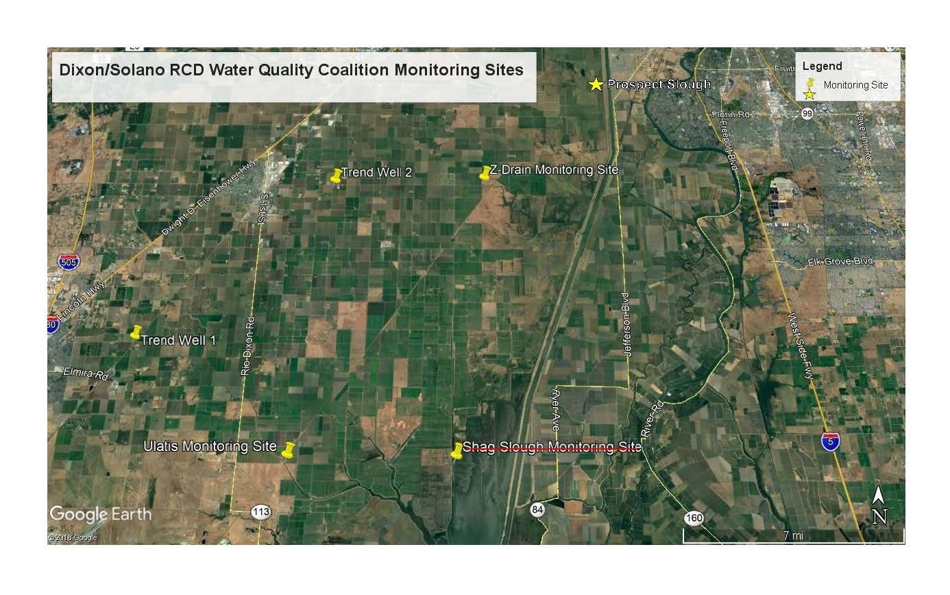 Map showing water quality monitoring sites in Dixon/Solano area, including Trend Wells and Shag Slough.