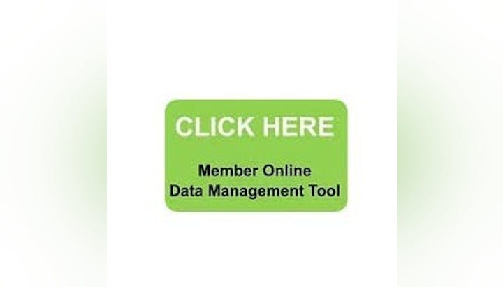 A green button with the text "CLICK HERE" and "Member Online Data Management Tool."