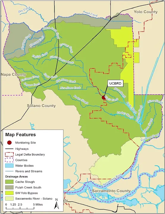 Map of California counties with rivers, creeks, drainage areas, monitoring site, and the UCBRD area marked.