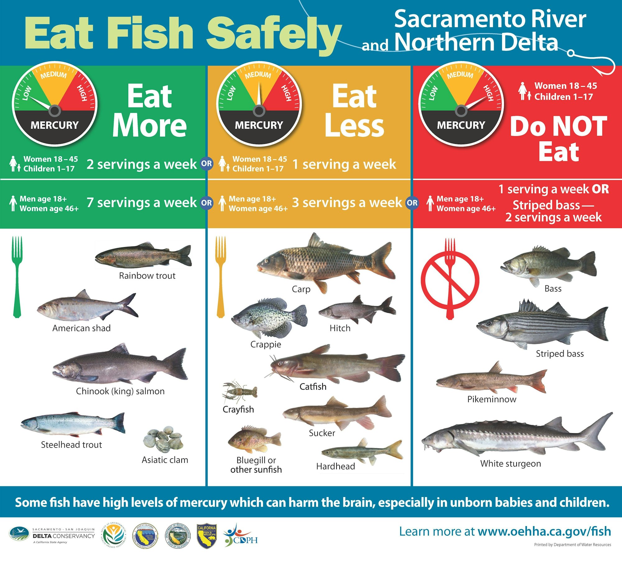 Guidelines for safely eating fish from the Sacramento River: recommended amounts vary by type due to mercury levels.