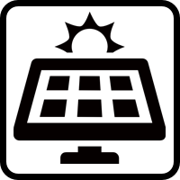 A black icon of a solar panel with a sun above it.