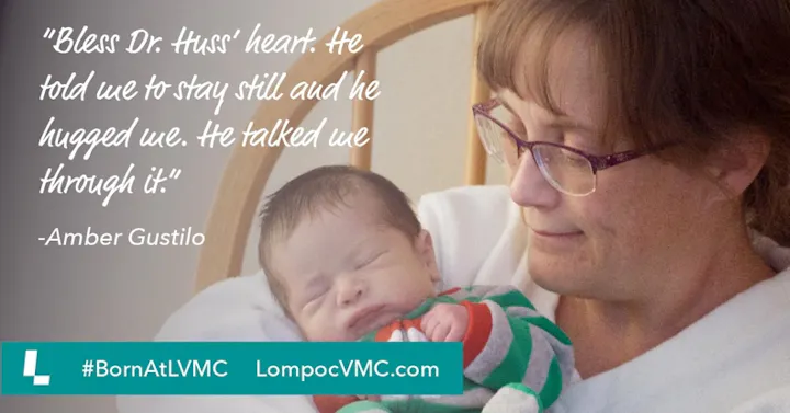 A mother and her newborn share a tender moment, expressing gratitude for a doctor's support during the experience.