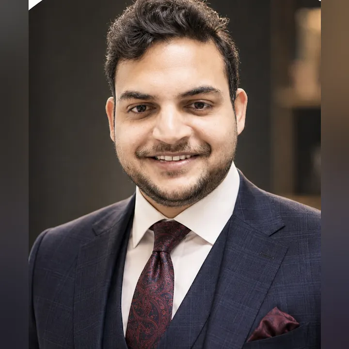 The image features a well-dressed man in a dark suit and patterned tie, smiling in a professional setting.
