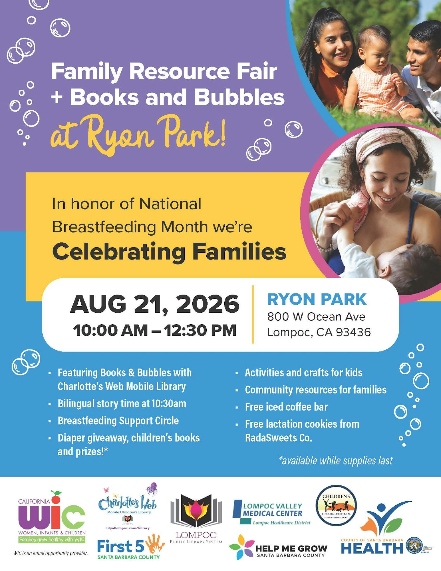Family Resource Fair at Ryon Park on Aug 21, 2026. Activities, breastfeeding support, story time, and giveaways for families!