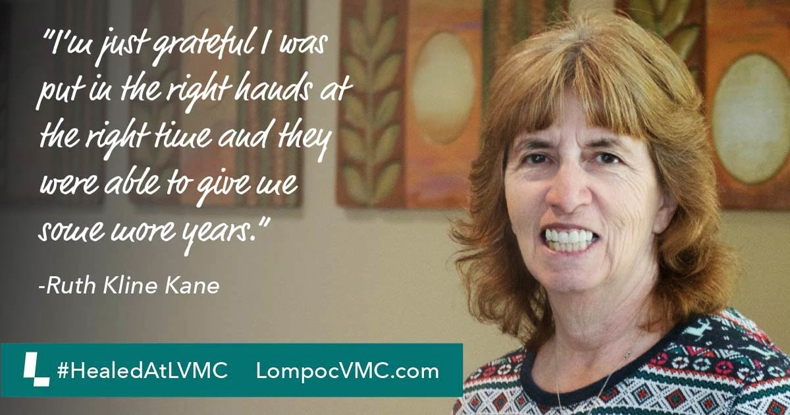 A woman expresses gratitude for receiving care that extended her life, featuring a quote from her in a supportive health setting.
