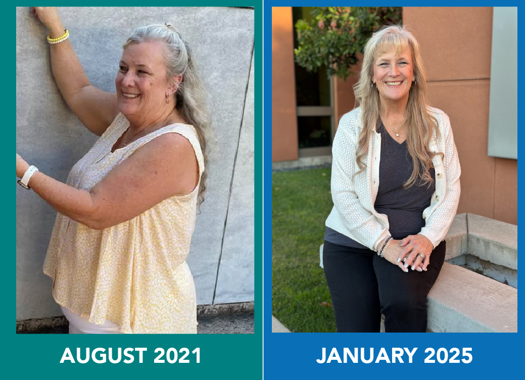 The image shows a woman in two photos: one from August 2021 and another from January 2025, showcasing her transformation.