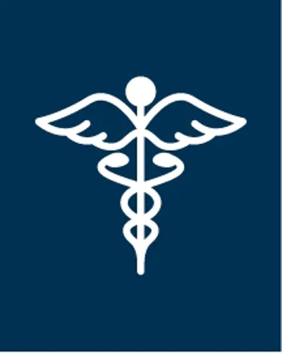 The image features the Caduceus symbol, associated with medicine and healthcare, depicting two wings and a staff with serpents.