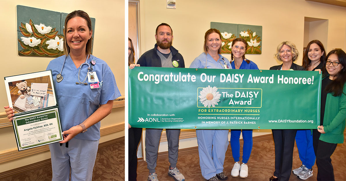 The image shows a nurse receiving the DAISY Award for Extraordinary Nurses, celebrated by colleagues holding a congratulatory banner.