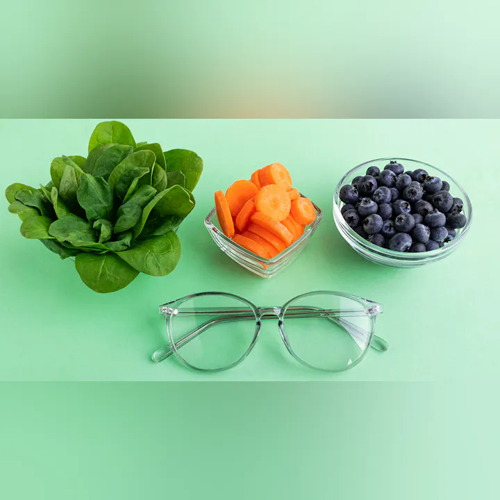 The image features fresh spinach, sliced carrots, blueberries in bowls, and a pair of glasses on a green background.