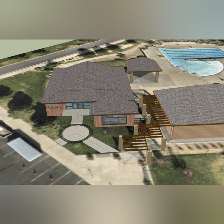 Aerial view of a 3D rendering of a residential area with a house, pool, and pavilions.