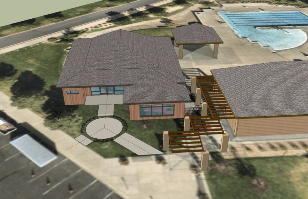 Aerial view of a 3D rendering of a residential area with a house, pool, and pavilions.