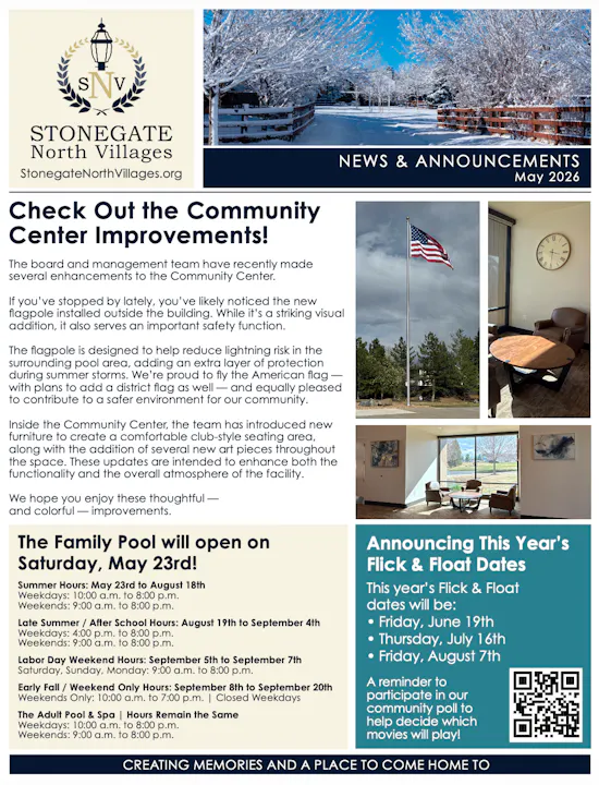 The image announces improvements at Stonegate North Villages Community Center, including a new flagpole and updated furnishings.