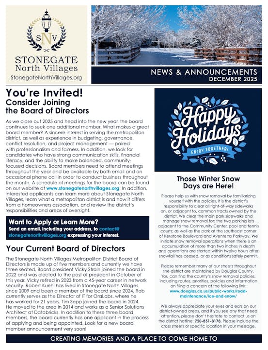 Newsletter inviting community members to join the Stonegate North Villages Board of Directors, with holiday wishes and snow policy info.