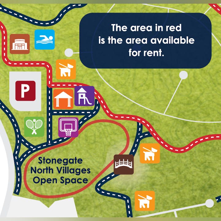 A stylized map showing a red area available for rent among icons for parking, tennis, swimming, and other amenities.