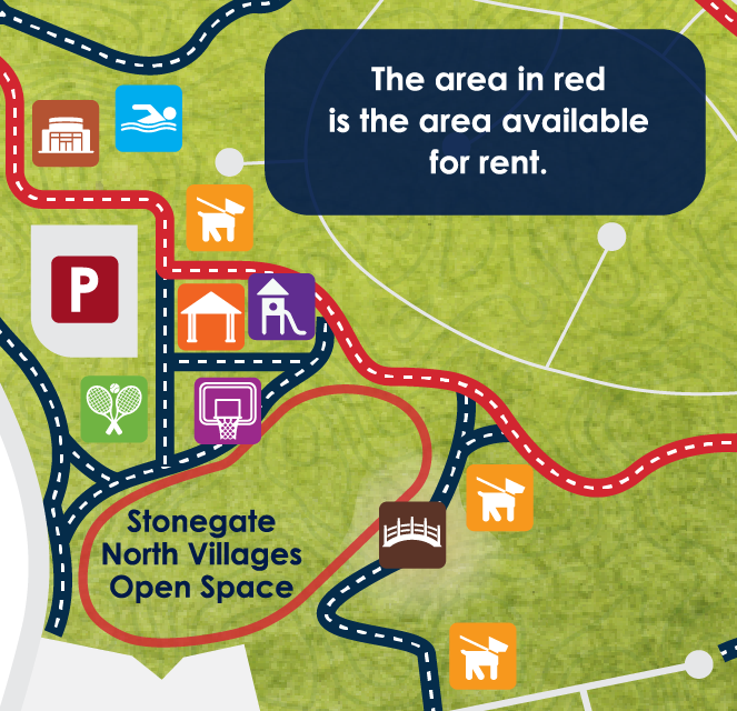 A stylized map showing a red area available for rent among icons for parking, tennis, swimming, and other amenities.