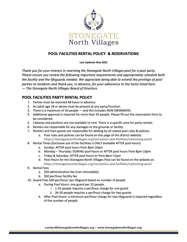 Document on pool facilities rental policy from Stonegate North Villages, with guidelines for parties, reservations, and fees.