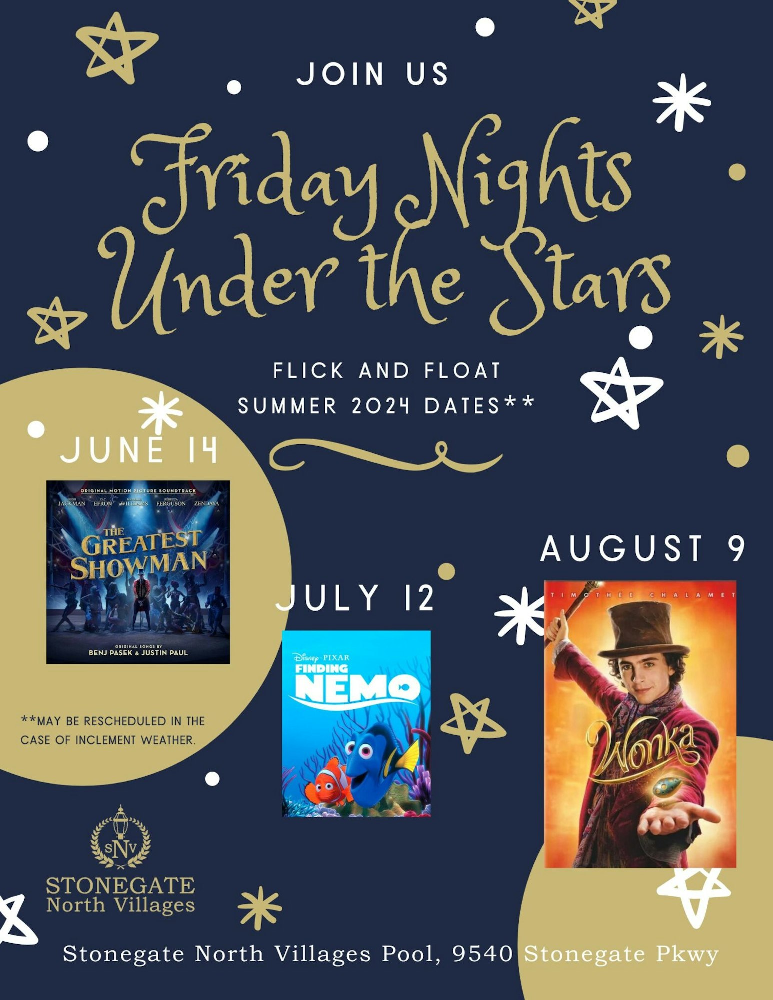 A poster for "Friday Nights Under the Stars," showing movie nights at Stonegate North Villages Pool with dates and movie titles.