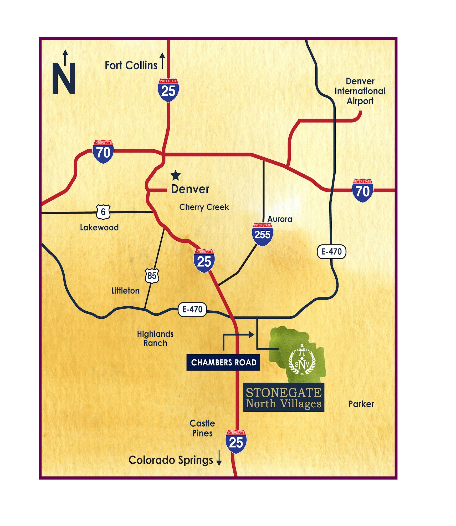 A stylized map showing the Denver area, with major highways, cities, and the Stonegate North Villages highlighted.