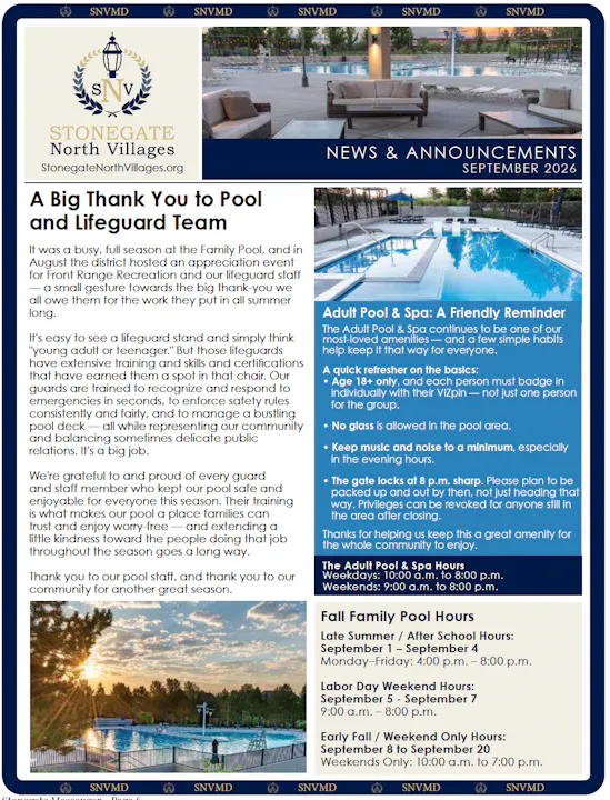 The image details a newsletter thanking lifeguards, sharing pool hours, and reminding guests of safety rules for the Adult Pool & Spa.