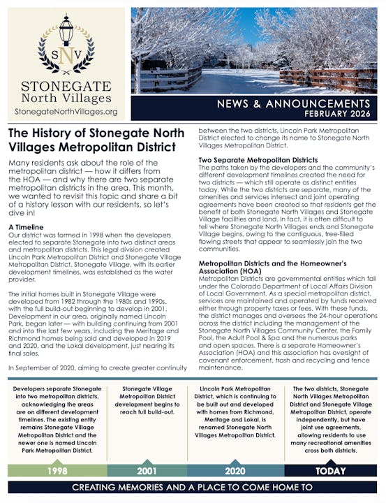 The image details the history of the Stonegate North Villages Metropolitan District, its formation, and development timelines.