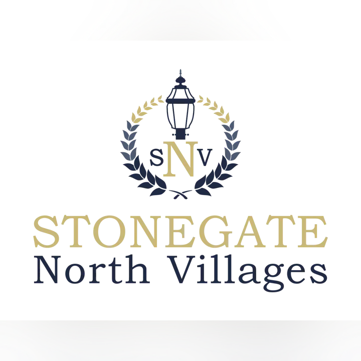 The image features a logo for "Stonegate North Villages," with a decorative design including a lamp and laurel.