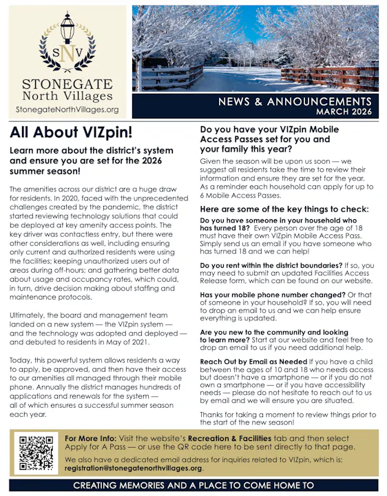 Announcement about VIZpin system for access passes in Stonegate North Villages for summer 2026; includes application details.