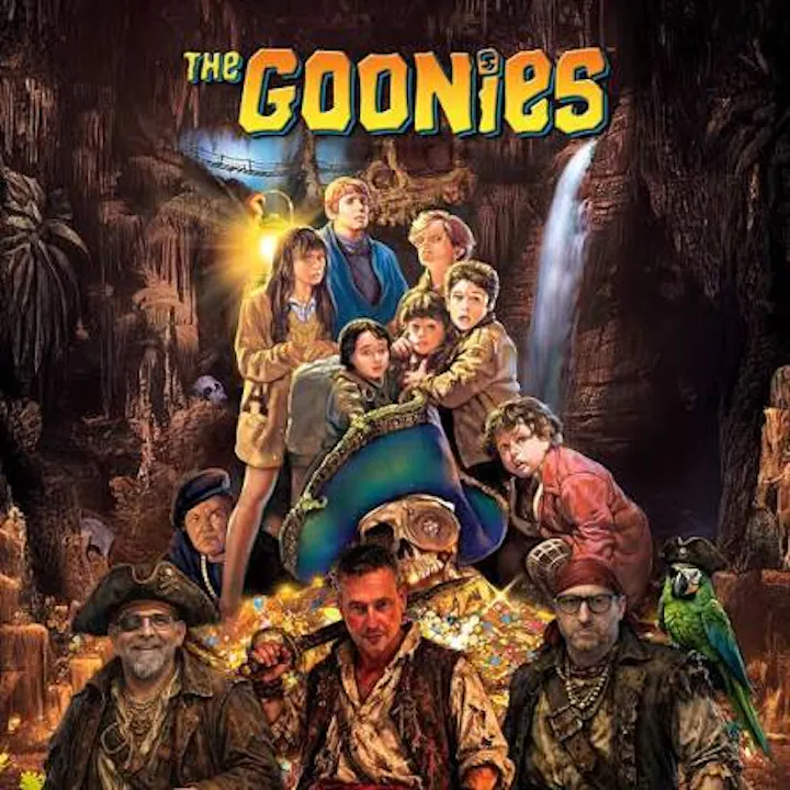 A colorful movie poster for "The Goonies," featuring a group of kids and pirates in a treasure hunt adventure.