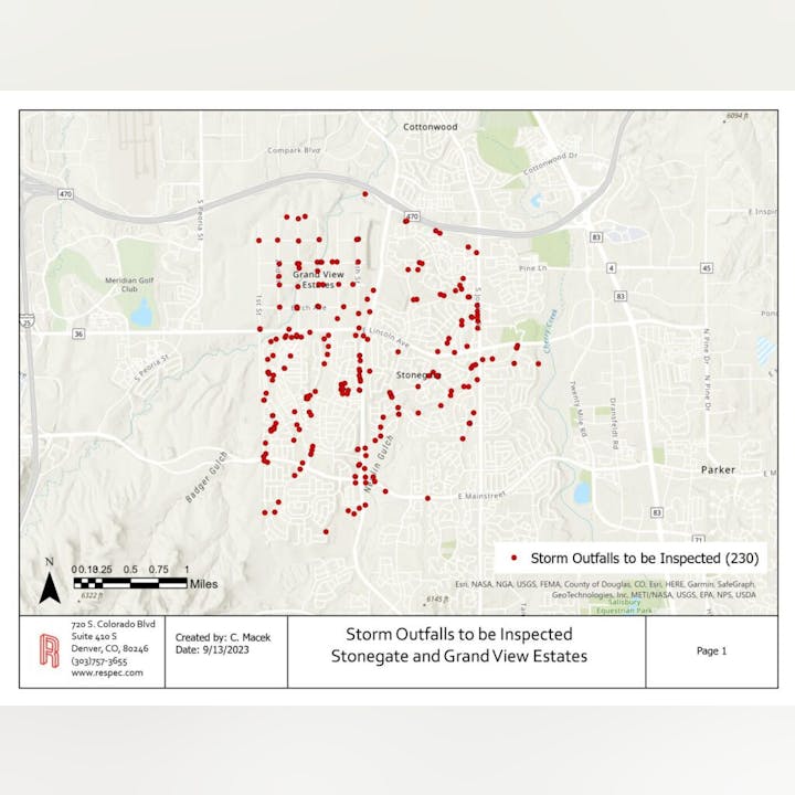 A map showing 230 marked storm outfalls for inspection in Stonegate and Grand View Estates areas.