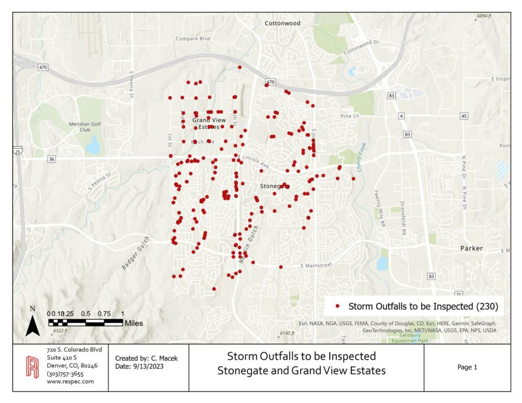 A map showing 230 marked storm outfalls for inspection in Stonegate and Grand View Estates areas.