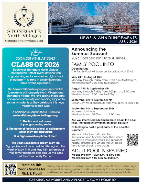 The image details Stonegate North Villages' April announcements, including graduation info for the Class of 2026 and summer pool hours.