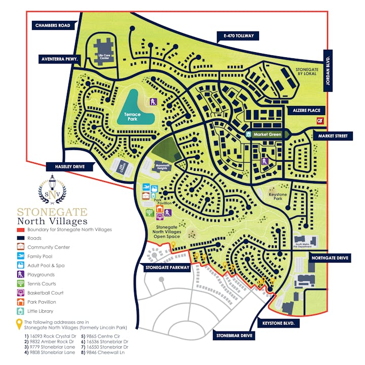 Map of Stonegate North Villages, showing roads, parks, community facilities, and boundaries within the area.