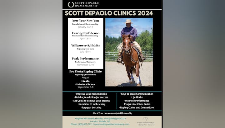 A flyer for Scott DePaolo horsemanship clinics in 2024, with dates, clinic themes, and contact info.